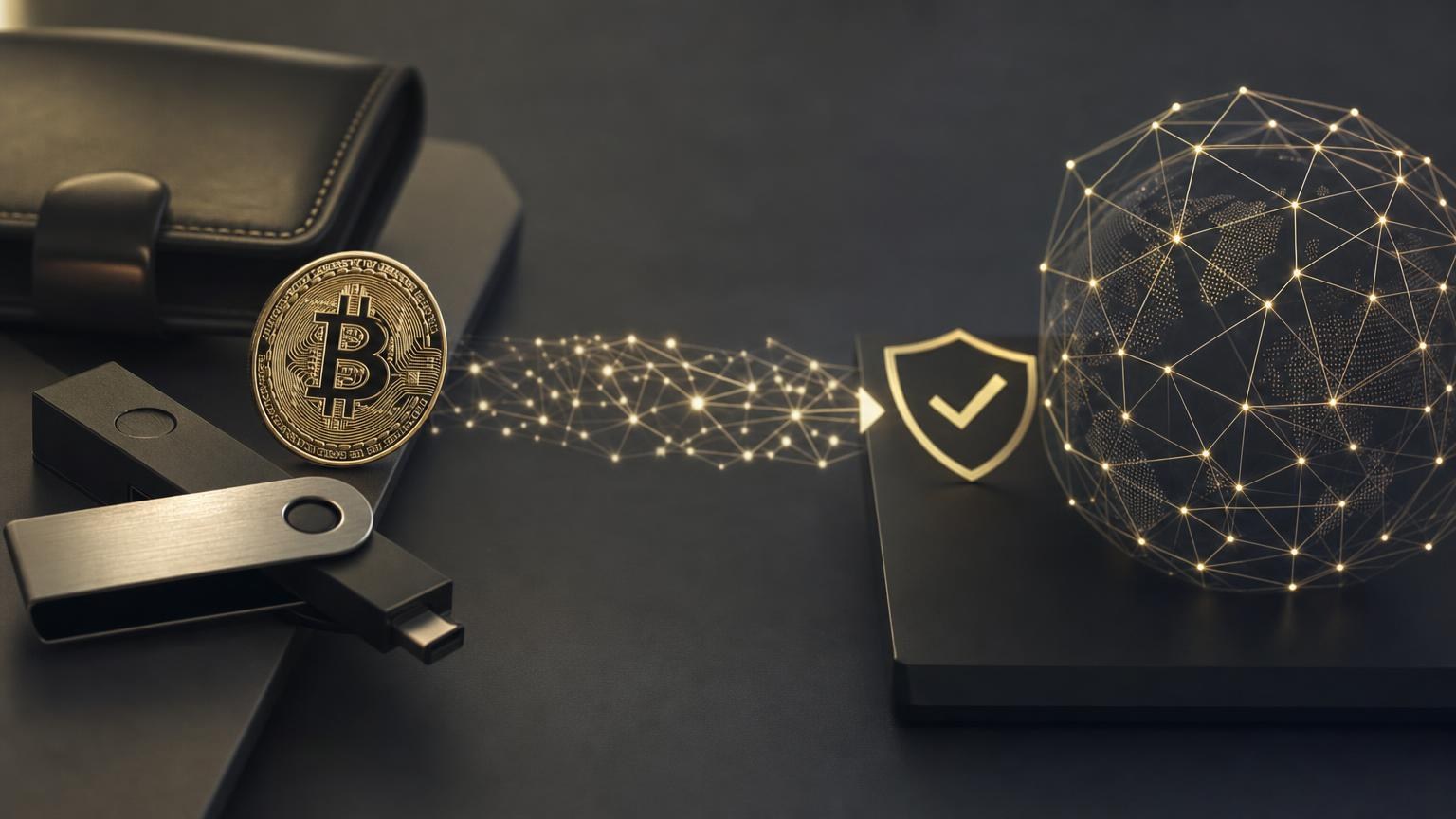 Hardware wallet displaying a Bitcoin transaction while the user verifies the exchange deposit address, transfer amount, and network fee